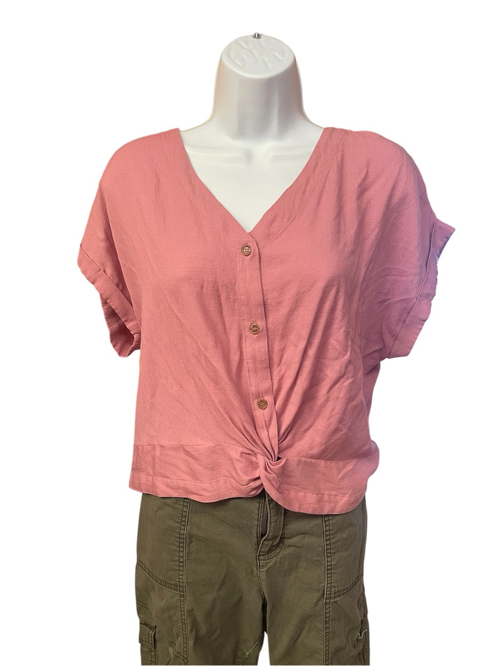 Sweet Wanderer Coral Pink Button-Front Knot Blouse
